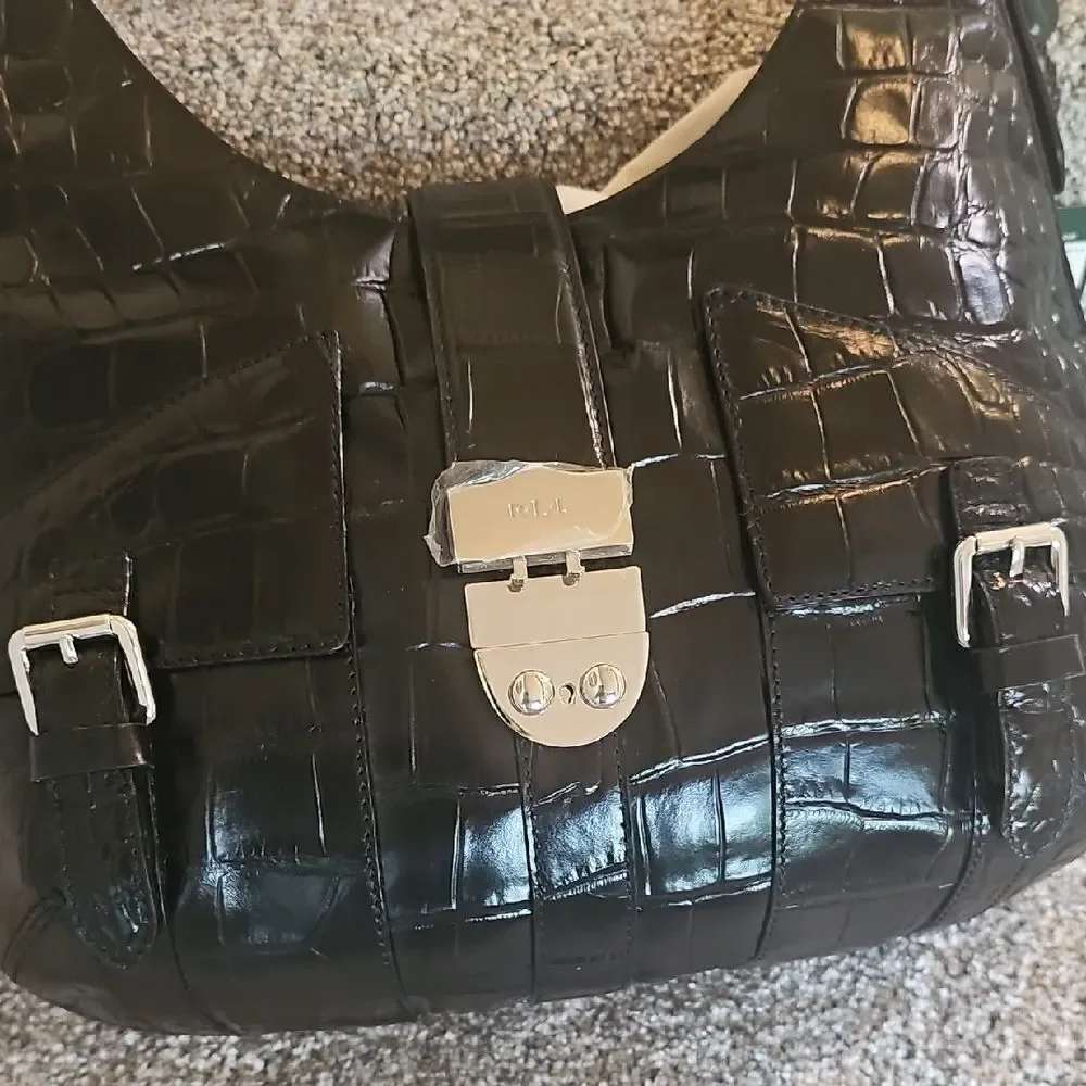 Lauren Ralph Lauren Black Croc-Embossed Leather Shoulder Bag - Picture 2 of 14